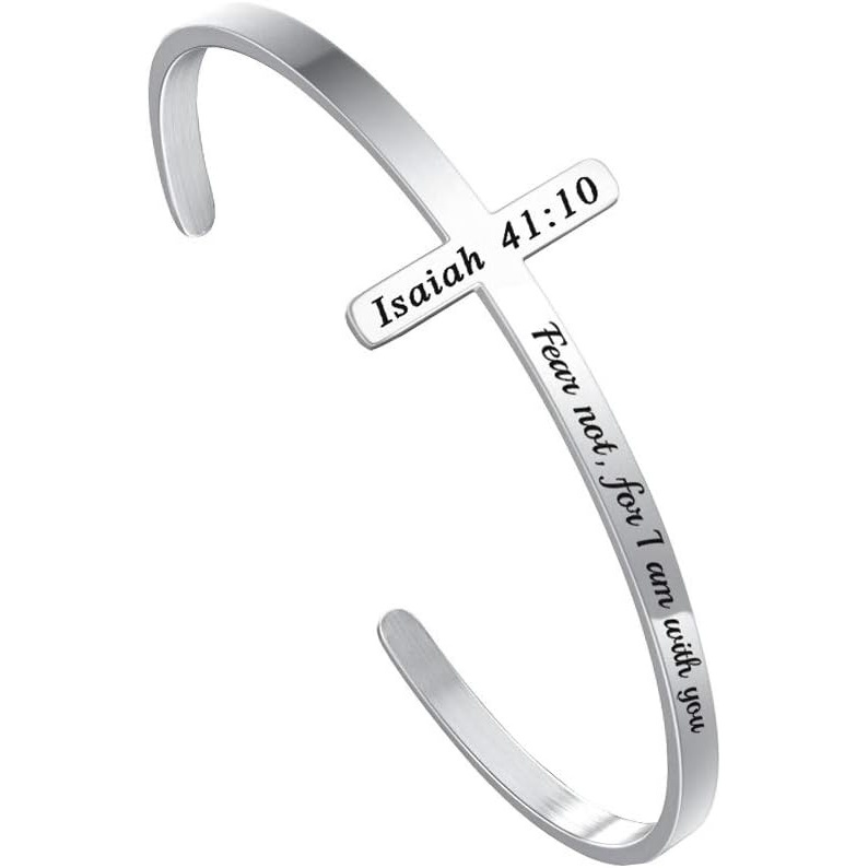 imageM MOOHAM Cross Bracelet Christian Gifts for Women Engraved Quote Religious Cuff Bangle Bible Verse Jewelry Gift for Women Confirmation Baptism Gifts Christian BraceletFear not for I am with you