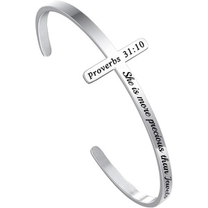 M MOOHAM Cross Bracelet – Christian Gifts for Women – Engraved Quote Religious Cuff Bangle Bible Verse Jewelry Gift for Women Confirmation Baptism Gifts Christian Bracelet(She is more precious than jewels)