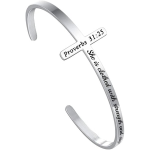 M MOOHAM Cross Bracelet – Christian Gifts for Women – Engraved Quote Religious Cuff Bangle Bible Verse Jewelry Gift for Women Confirmation Baptism Gifts Christian Bracelet(“She is clothed with strength and dignity and laughs without fear of the future)