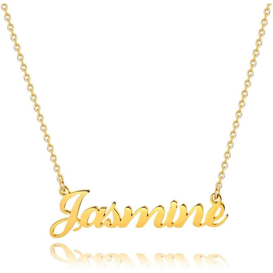 image:imageM MOOHAM Gold Jasmine Name Necklace 18K Gold Filled Custom Name Necklace Personalized Name Necklaces for Women s Monogram Plate Name Necklace Name Jewelry