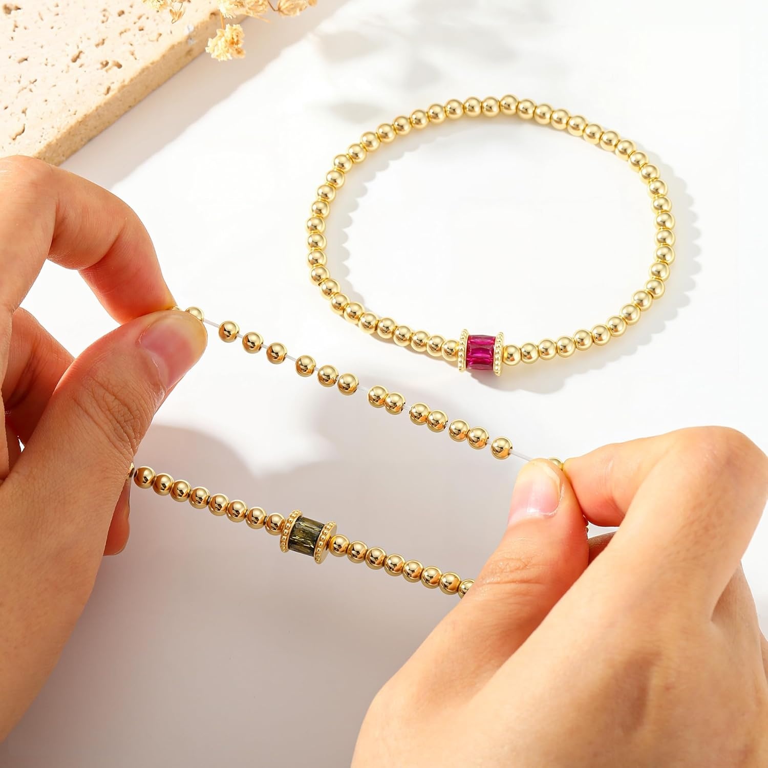 image:imageM MOOHAM Birthstone Bracelets for Women 14k Gold Plated Beaded Bracelet Non Tarnish Gold Birthstone Bracelet Birthstone Jewelry Birthday Gift for Women Minimalist Daily Wear07JulyRuby