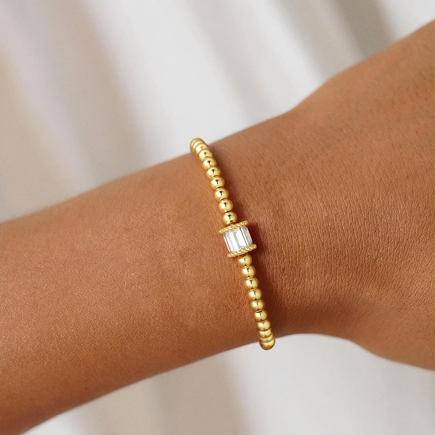 image:imageM MOOHAM Birthstone Bracelets for Women 14k Gold Plated Beaded Bracelet Non Tarnish Gold Birthstone Bracelet Birthstone Jewelry Birthday Gift for Women Minimalist Daily Wear04AprilClear CZ