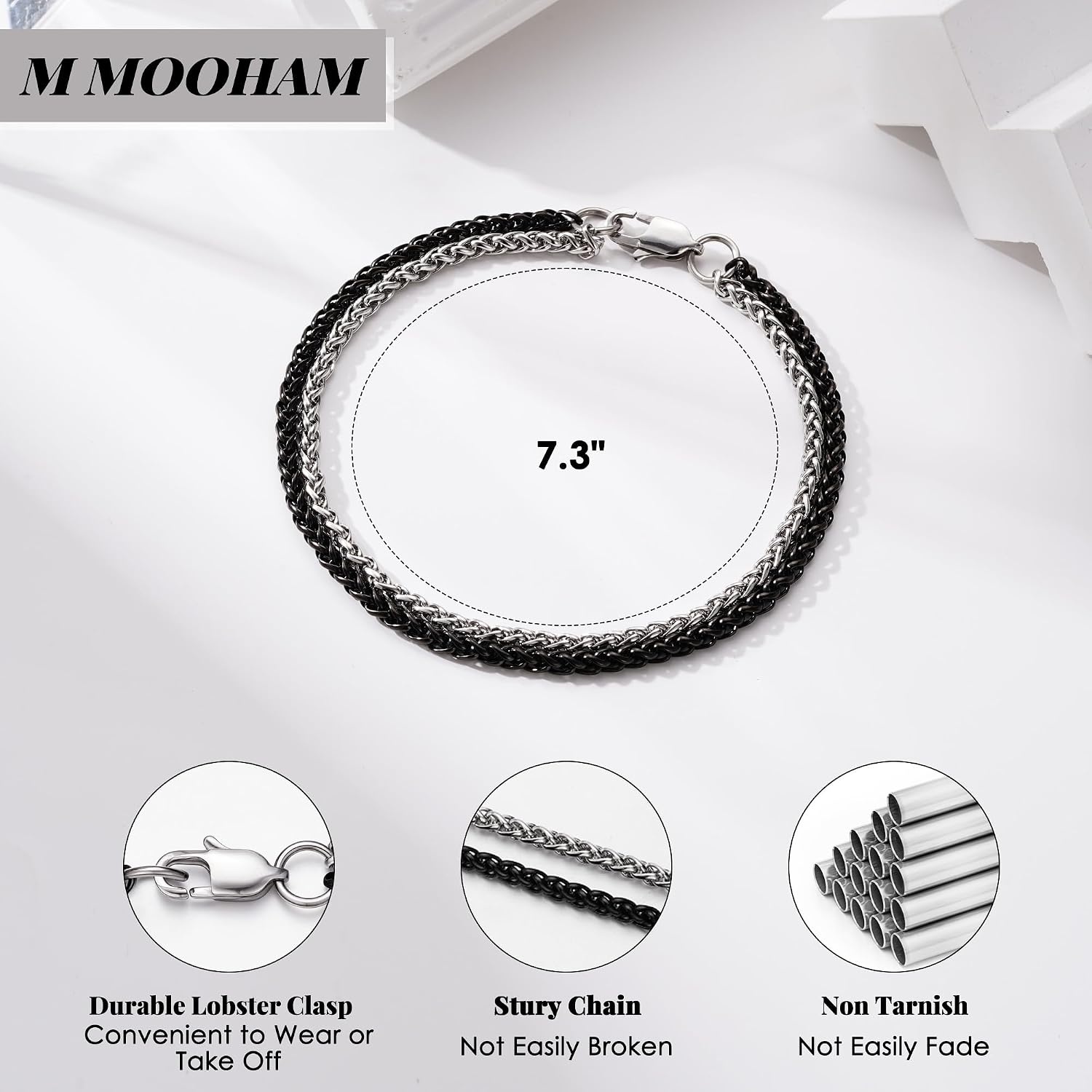 image:imageM MOOHAM BlackSilverPlated Stainless Steel Chain Bracelet for Men Sturdy Wheat Cuban Link Rope Figaro Chain Bracelet Jewelry Gifts for Men 7385 InchBlack Wheat ChainSilverPlated Wheat Chain