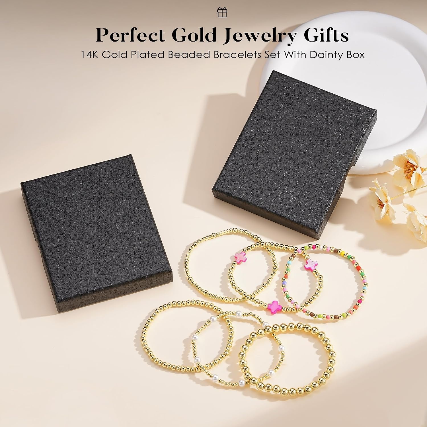 image:imageM MOOHAM Boho 14K Gold Plated Bracelets for Women Elastic Cross Beaded Bracelet Stack Stretch Pearl Bead Bracelet Colorful Christian Jewelry Set Religious Gifts for Women Teen GirlsTurquoise Cross