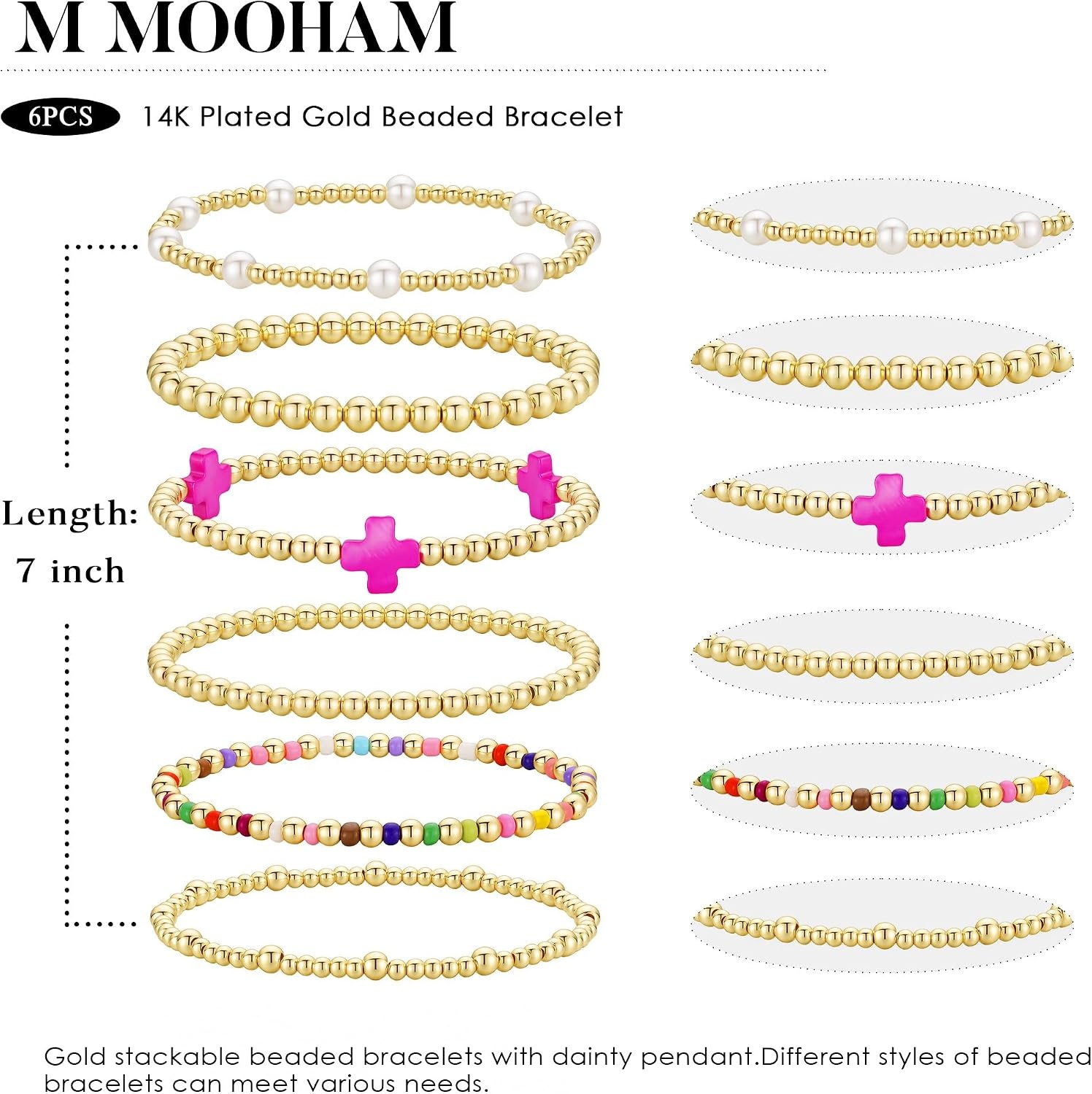 image:imageM MOOHAM Boho 14K Gold Plated Bracelets for Women Elastic Cross Beaded Bracelet Stack Stretch Pearl Bead Bracelet Colorful Christian Jewelry Set Religious Gifts for Women Teen Girls Pink Cross