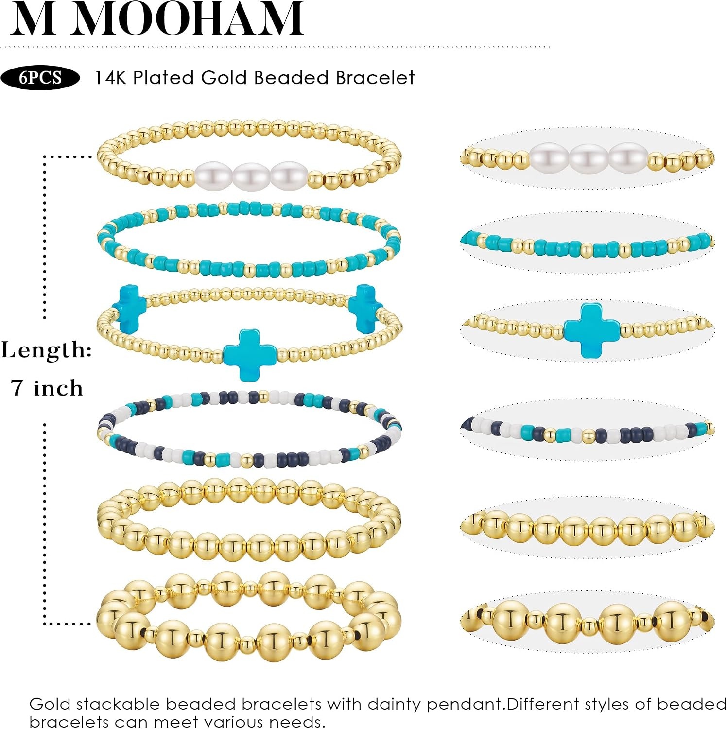 image:imageM MOOHAM Boho 14K Gold Plated Bracelets for Women Elastic Cross Beaded Bracelet Stack Stretch Pearl Bead Bracelet Colorful Christian Jewelry Set Religious Gifts for Women Teen GirlsTurquoise Cross