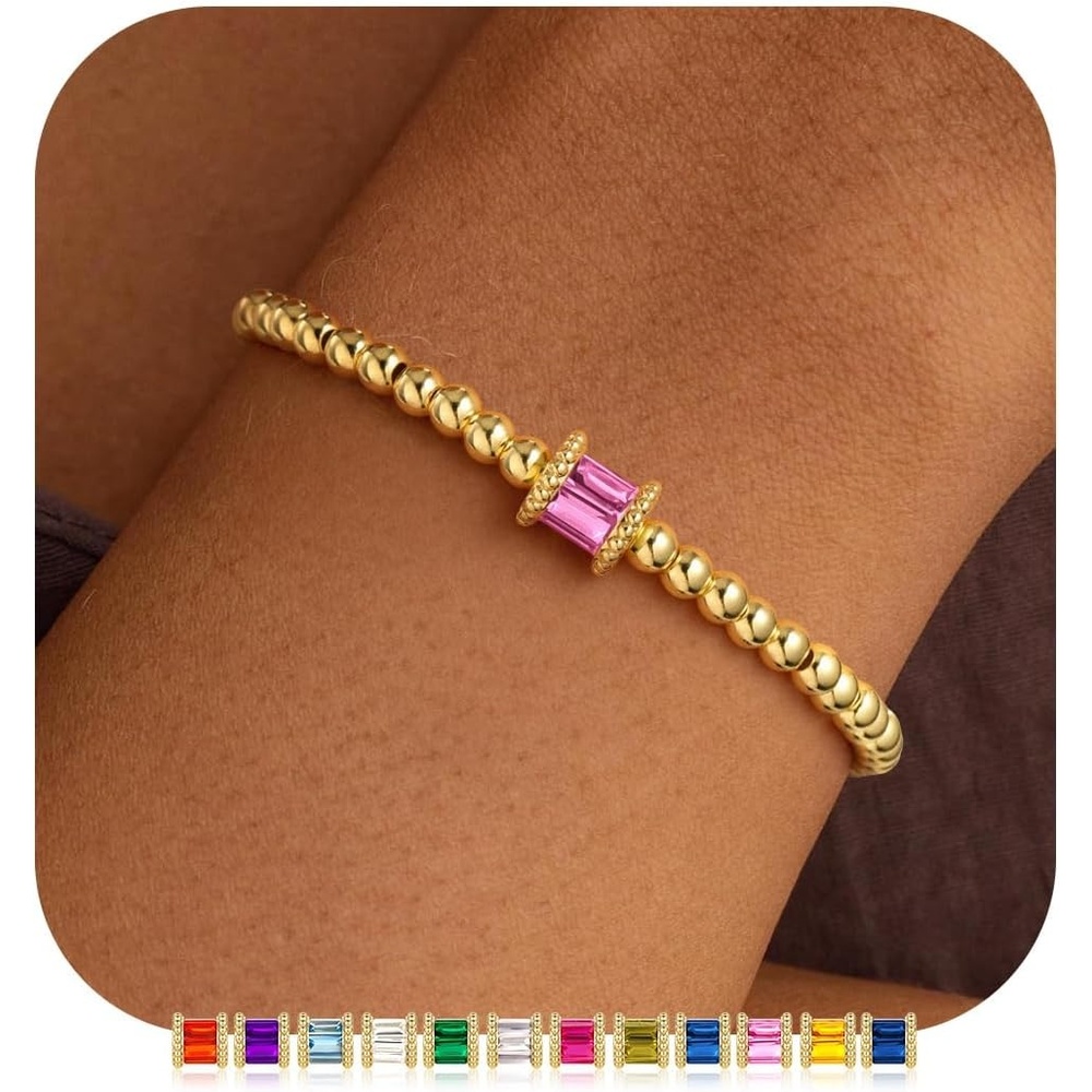 image:imageM MOOHAM Birthstone Bracelets for Women 14k Gold Plated Beaded Bracelet  Non Tarnish Gold Birthstone Bracelet Birthstone Jewelry Birthday Gift for Women Minimalist Daily Wear10OctoberTourmaline