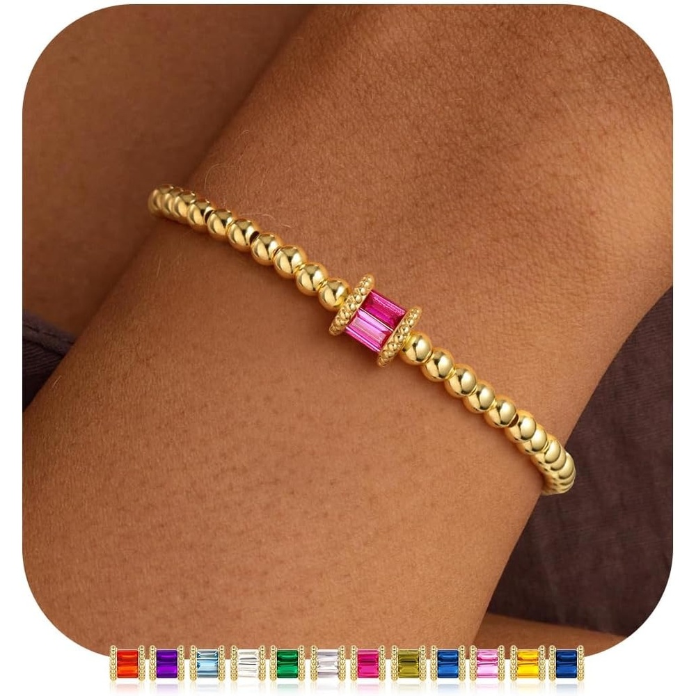 image:imageM MOOHAM Birthstone Bracelets for Women 14k Gold Plated Beaded Bracelet Non Tarnish Gold Birthstone Bracelet Birthstone Jewelry Birthday Gift for Women Minimalist Daily Wear07JulyRuby