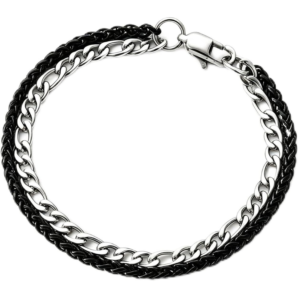 image:imageM MOOHAM BlackSilverPlated Stainless Steel Chain Bracelet for Men  Sturdy Wheat Cuban Link Rope Figaro Chain Bracelet Jewelry Gifts for Men 7385 InchBlack Wheat ChainSilverPlated Figaro Chain