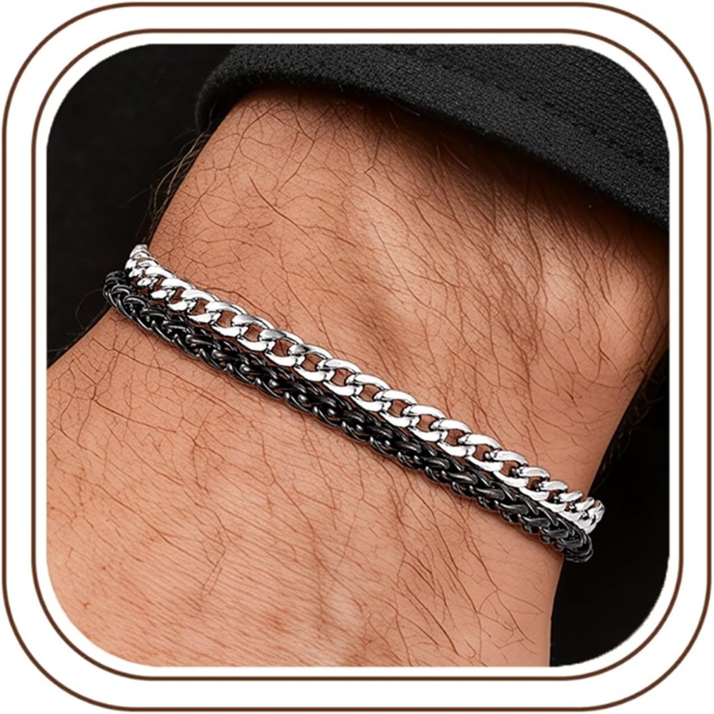 image:imageM MOOHAM BlackSilverPlated Stainless Steel Chain Bracelet for Men  Sturdy Wheat Cuban Link Rope Figaro Chain Bracelet Jewelry Gifts for Men 7385 InchBlack Wheat ChainSilverPlated Cuban Link Chain