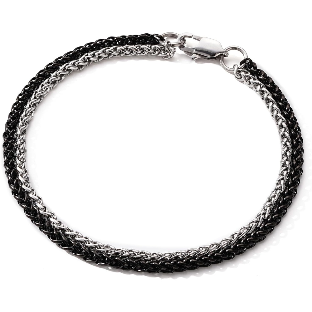 image:imageM MOOHAM BlackSilverPlated Stainless Steel Chain Bracelet for Men Sturdy Wheat Cuban Link Rope Figaro Chain Bracelet Jewelry Gifts for Men 7385 InchBlack Wheat ChainSilverPlated Wheat Chain