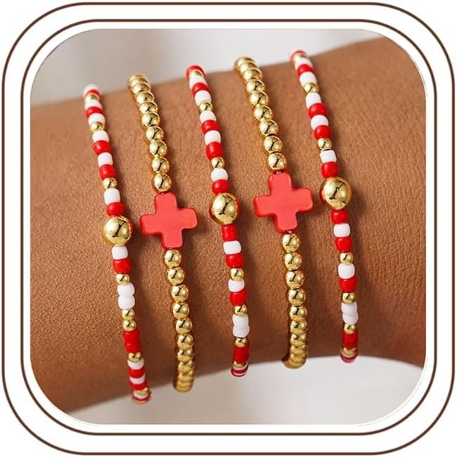 image:imageM MOOHAM Boho 14K Gold Plated Bracelets for Women Elastic Cross Beaded Bracelet Stack Stretch Pearl Bead Bracelet Colorful Christian Jewelry Set Religious Gifts for Women Teen GirlsRed Cross