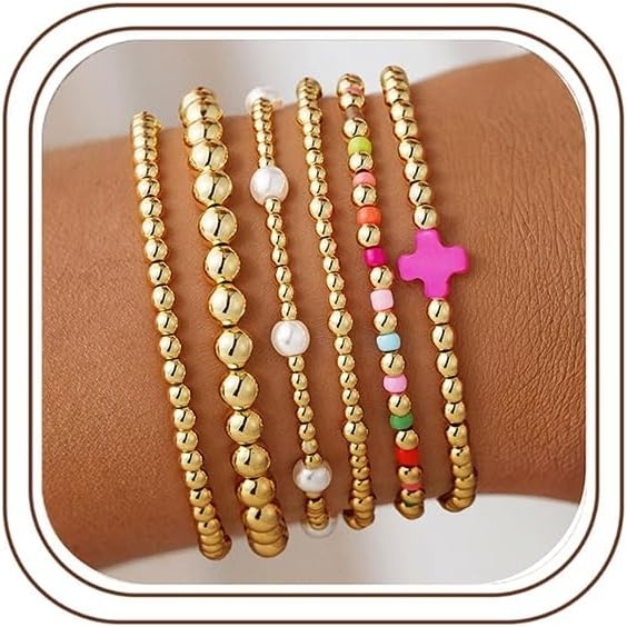 image:imageM MOOHAM Boho 14K Gold Plated Bracelets for Women Elastic Cross Beaded Bracelet Stack Stretch Pearl Bead Bracelet Colorful Christian Jewelry Set Religious Gifts for Women Teen Girls Pink Cross