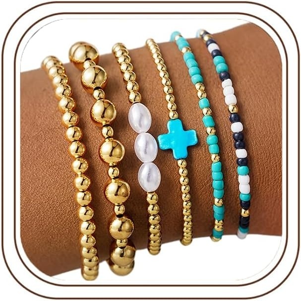 image:imageM MOOHAM Boho 14K Gold Plated Bracelets for Women Elastic Cross Beaded Bracelet Stack Stretch Pearl Bead Bracelet Colorful Christian Jewelry Set Religious Gifts for Women Teen GirlsTurquoise Cross