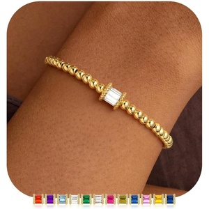 M MOOHAM Birthstone Bracelets for Women, 14k Gold Plated Beaded Bracelet | Non Tarnish Gold Birthstone Bracelet, Birthstone Jewelry Birthday Gift for Women, Minimalist Daily Wear(04.April(Clear CZ))