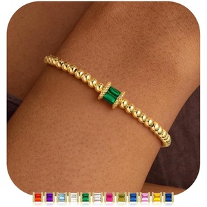 M MOOHAM Birthstone Bracelets for Women, 14k Gold Plated Beaded Bracelet | Non Tarnish Gold Birthstone Bracelet, Birthstone Jewelry Birthday Gift for Women, Minimalist Daily Wear(05.May(Emerald))