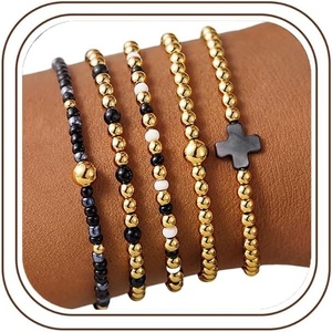 M MOOHAM Boho 14K Gold Plated Bracelets for Women – Elastic Cross Beaded Bracelet Stack Stretch Pearl Bead Bracelet Colorful Christian Jewelry Set Religious Gifts for Women Teen Girls(Black Cross)