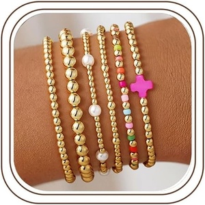 M MOOHAM Boho 14K Gold Plated Bracelets for Women – Elastic Cross Beaded Bracelet Stack Stretch Pearl Bead Bracelet Colorful Christian Jewelry Set Religious Gifts for Women Teen Girls(” Pink Cross)