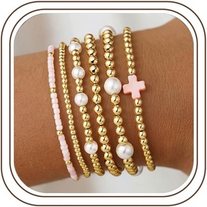 M MOOHAM Boho 14K Gold Plated Bracelets for Women – Elastic Cross Beaded Bracelet Stack Stretch Pearl Bead Bracelet Colorful Christian Jewelry Set Religious Gifts for Women Teen Girls(Pink Cross-2)