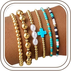 M MOOHAM Boho 14K Gold Plated Bracelets for Women – Elastic Cross Beaded Bracelet Stack Stretch Pearl Bead Bracelet Colorful Christian Jewelry Set Religious Gifts for Women Teen Girls(Turquoise Cross)