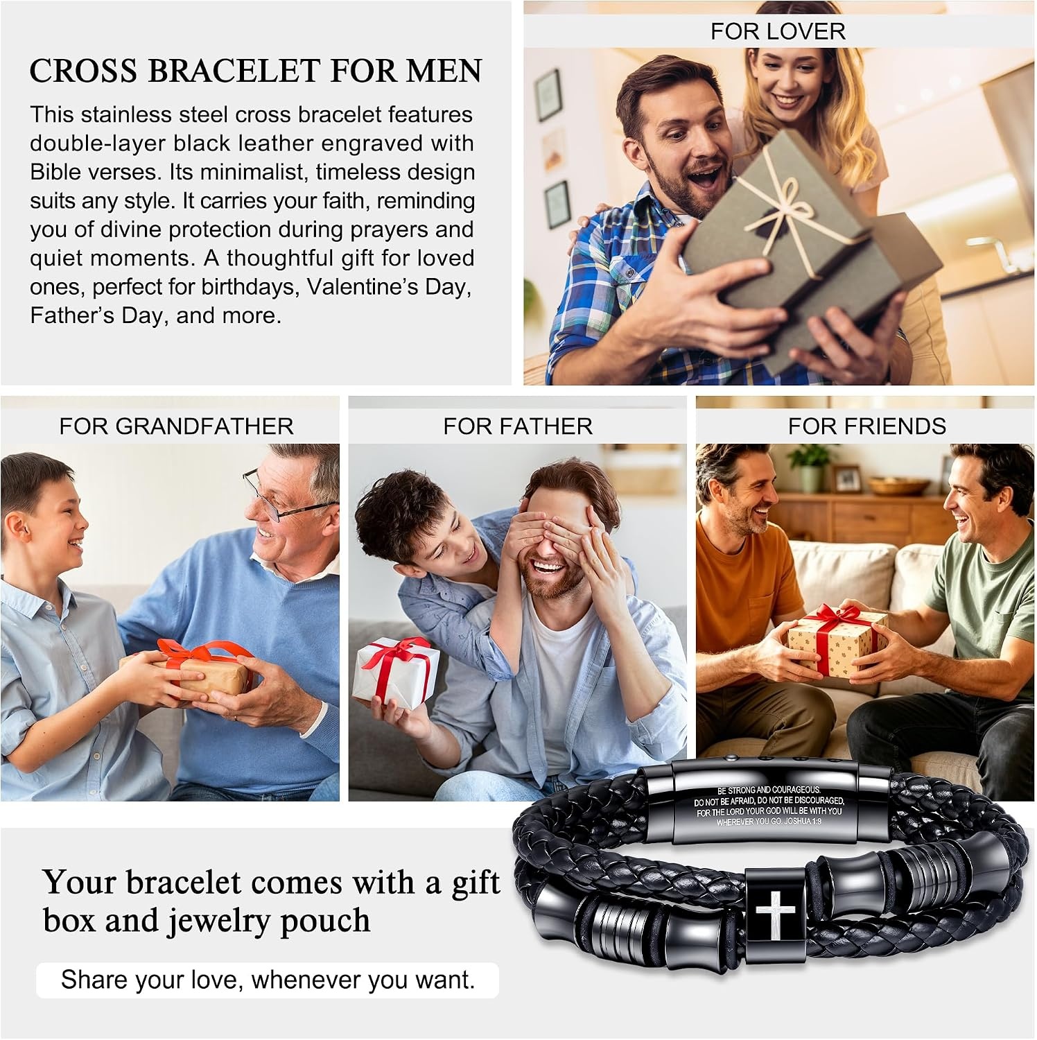 image:imageM MOOHAM Cross Bracelet for Men Black DoubleRow Braided Leather Bracelet Stainless Steel Bible Verse Cross Bracelets Christian Jewelry Religious Baptism Confirmation Faith Gifts for MenStyle 1JOSHUA 19