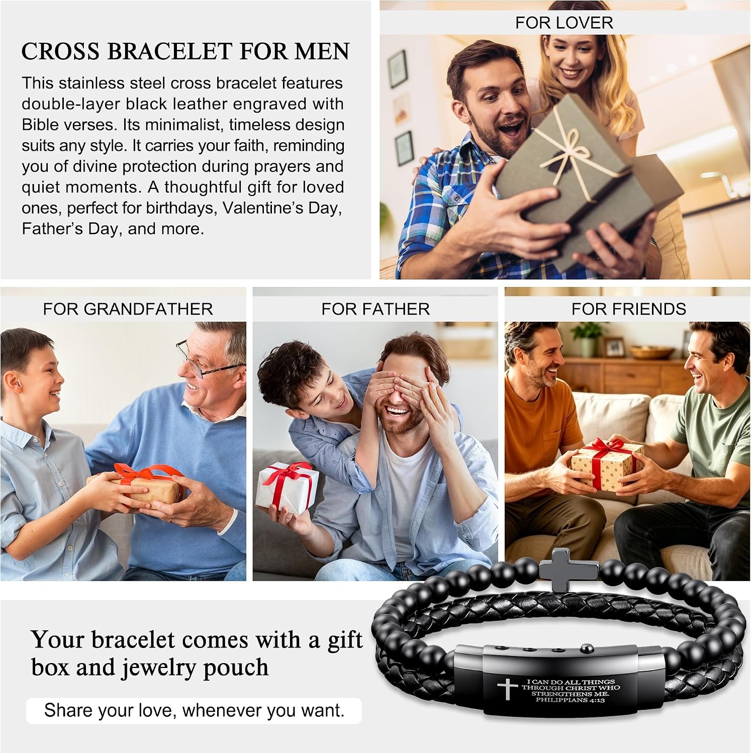 image:imageM MOOHAM Cross Bracelet for Men Black DoubleRow Braided Leather Bracelet Stainless Steel Bible Verse Cross Bracelets Christian Jewelry Religious Baptism Confirmation Faith Gifts for MenStyle 2JOSHUA 19