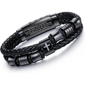 M MOOHAM Cross Bracelet for Men, Black Double-Row Braided Leather Bracelet | Stainless Steel Bible Verse Cross Bracelets, Christian Jewelry Religious Baptism Confirmation Faith Gifts for Men(Style 1-JOSHUA 1:9)