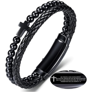 M MOOHAM Cross Bracelet for Men, Black Double-Row Braided Leather Bracelet | Stainless Steel Bible Verse Cross Bracelets, Christian Jewelry Religious Baptism Confirmation Faith Gifts for Men(Style 2-JOSHUA 1:9)