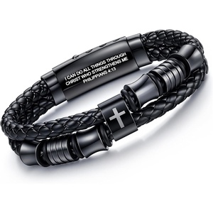 M MOOHAM Cross Bracelet for Men, Black Double-Row Braided Leather Bracelet | Stainless Steel Bible Verse Cross Bracelets, Christian Jewelry Religious Baptism Confirmation Faith Gifts for Men(Style 1-PHILIPPIANS 4:13)