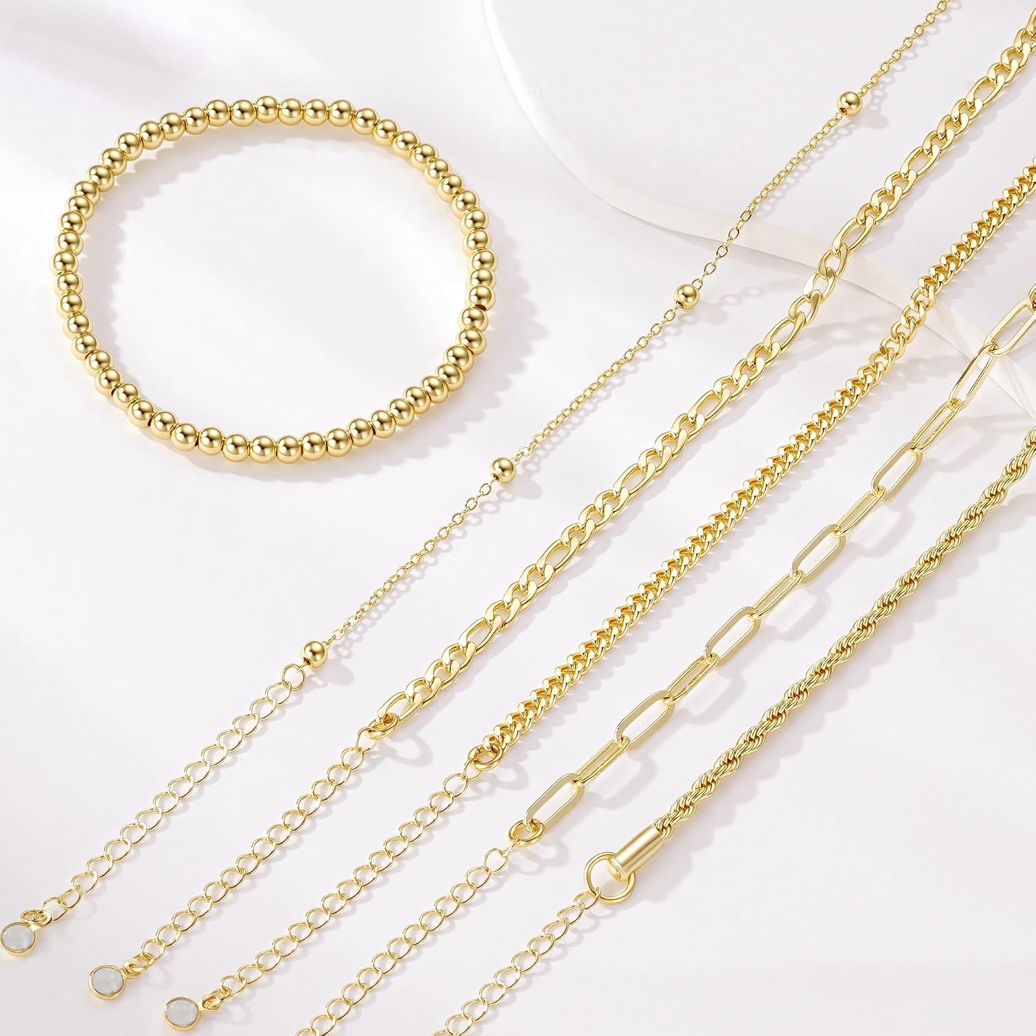 image:imageM MOOHAM Gold Bracelets Set for Women No Tarnish 14K Gold Plated Dainty Stackable Bracelets Stack for Women Herringbone Paperclip Rope Cuban Chain Bracelet Set Stack4Rope Beaded Set