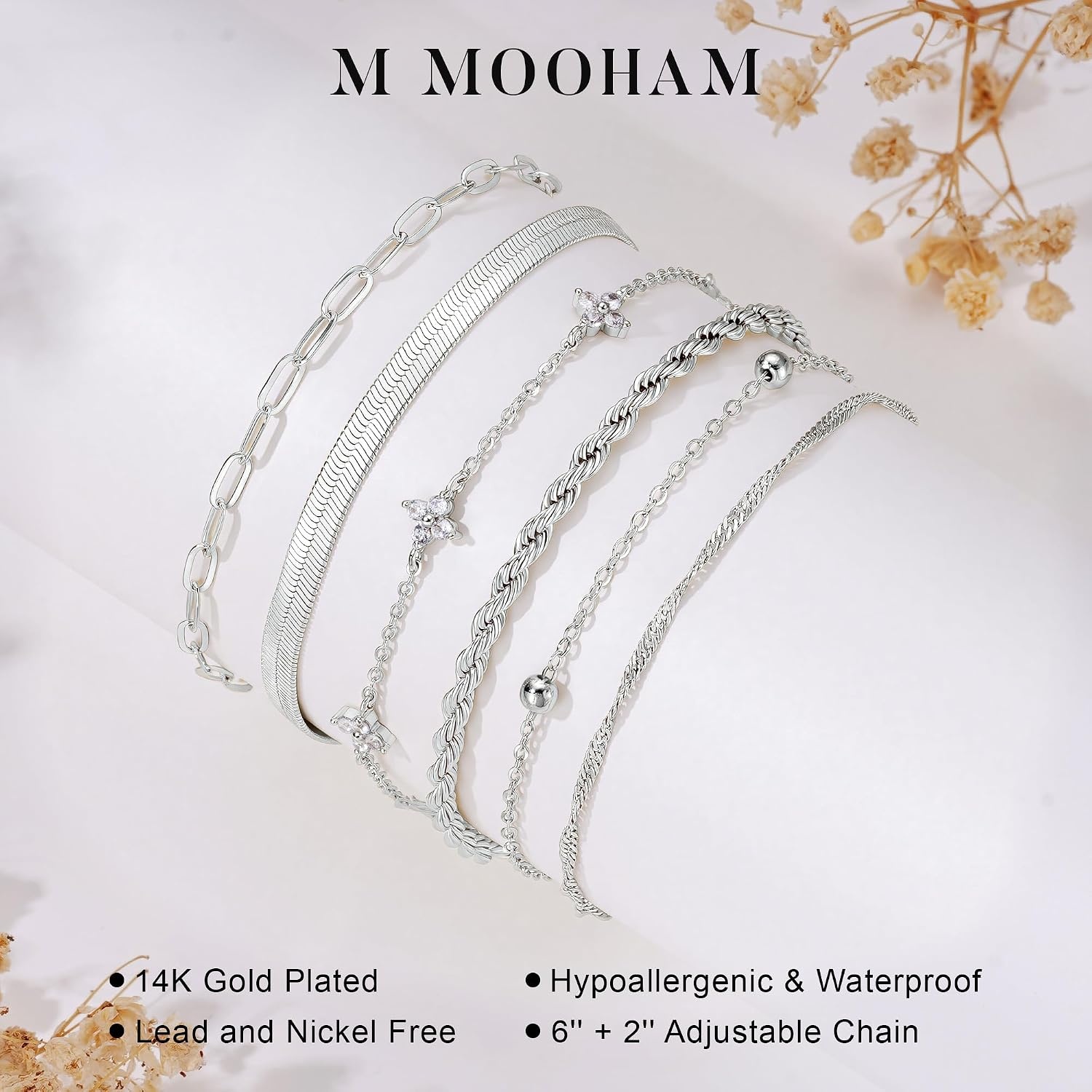 image:imageM MOOHAM Gold Bracelets Set for Women No Tarnish 14K Gold Plated Dainty Stackable Bracelets Stack for Women Herringbone Paperclip Rope Cuban Chain Bracelet Set Stack2Rope CZ Snake SetS