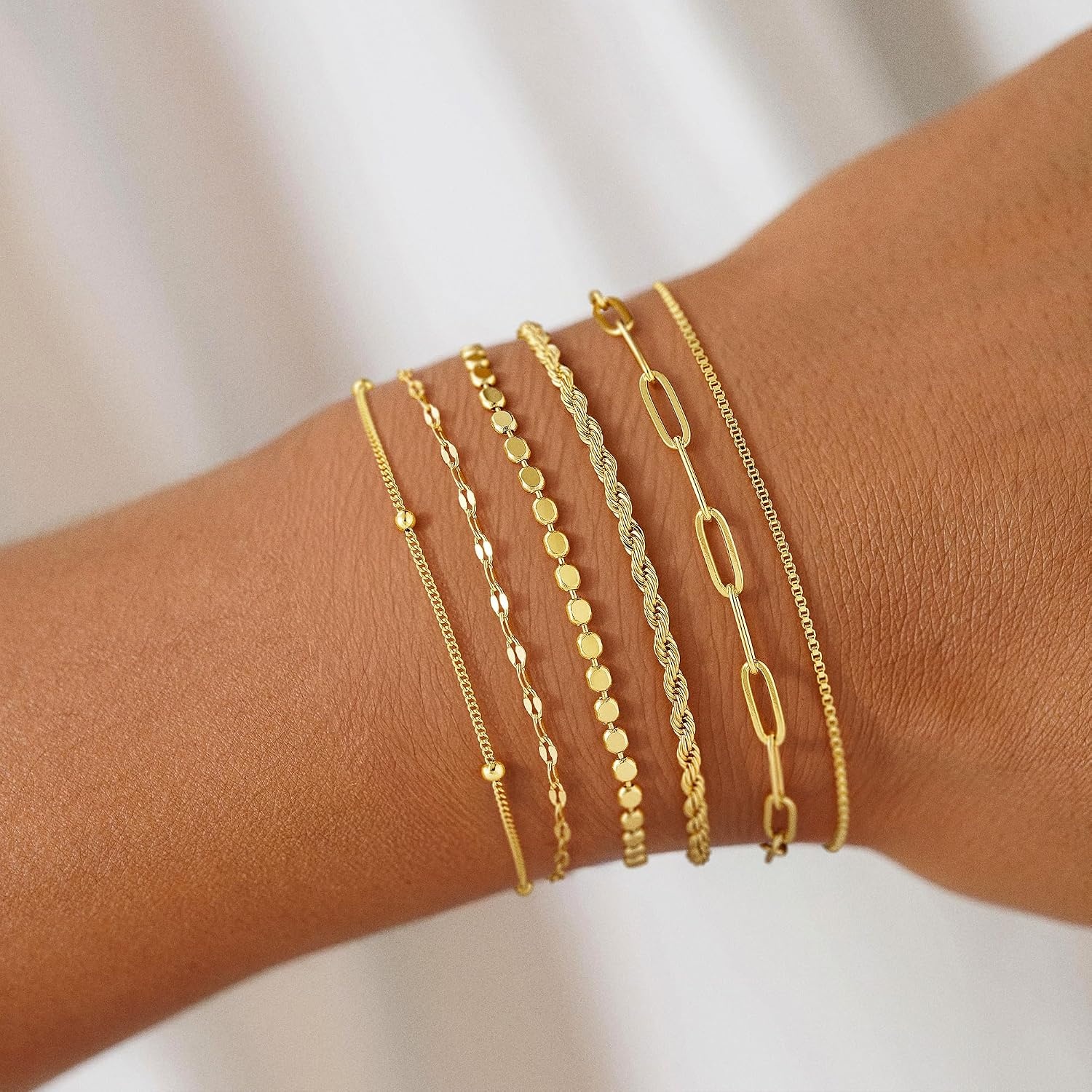image:imageM MOOHAM Gold Bracelets Set for Women No Tarnish 14K Gold Plated Dainty Stackable Bracelets Stack for Women Herringbone Paperclip Rope Cuban Chain Bracelet Set Stack7Rope Paperclip Set