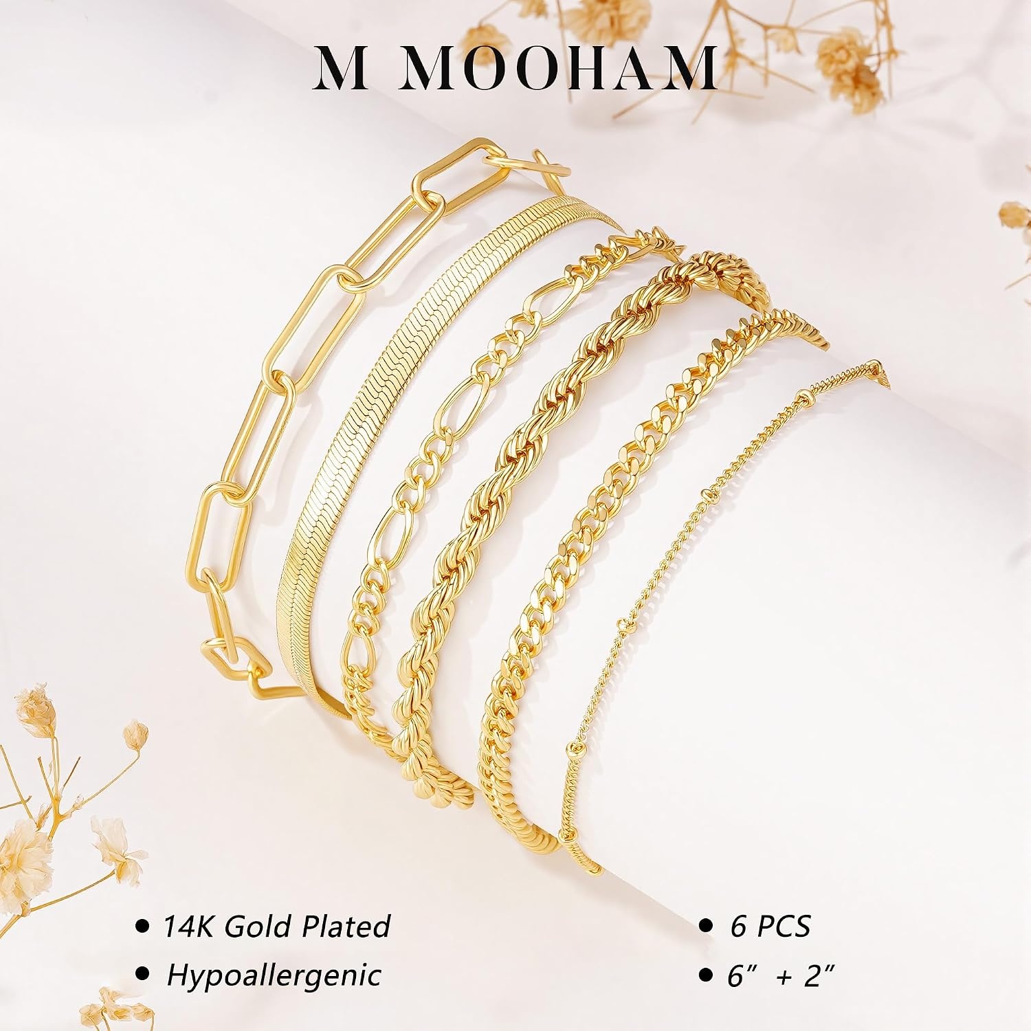 image:imageM MOOHAM Gold Bracelets Set for Women No Tarnish 14K Gold Plated Dainty Stackable Bracelets Stack for Women Herringbone Paperclip Rope Cuban Chain Bracelet Set Stack3Rope Snake Paperclip Set 1