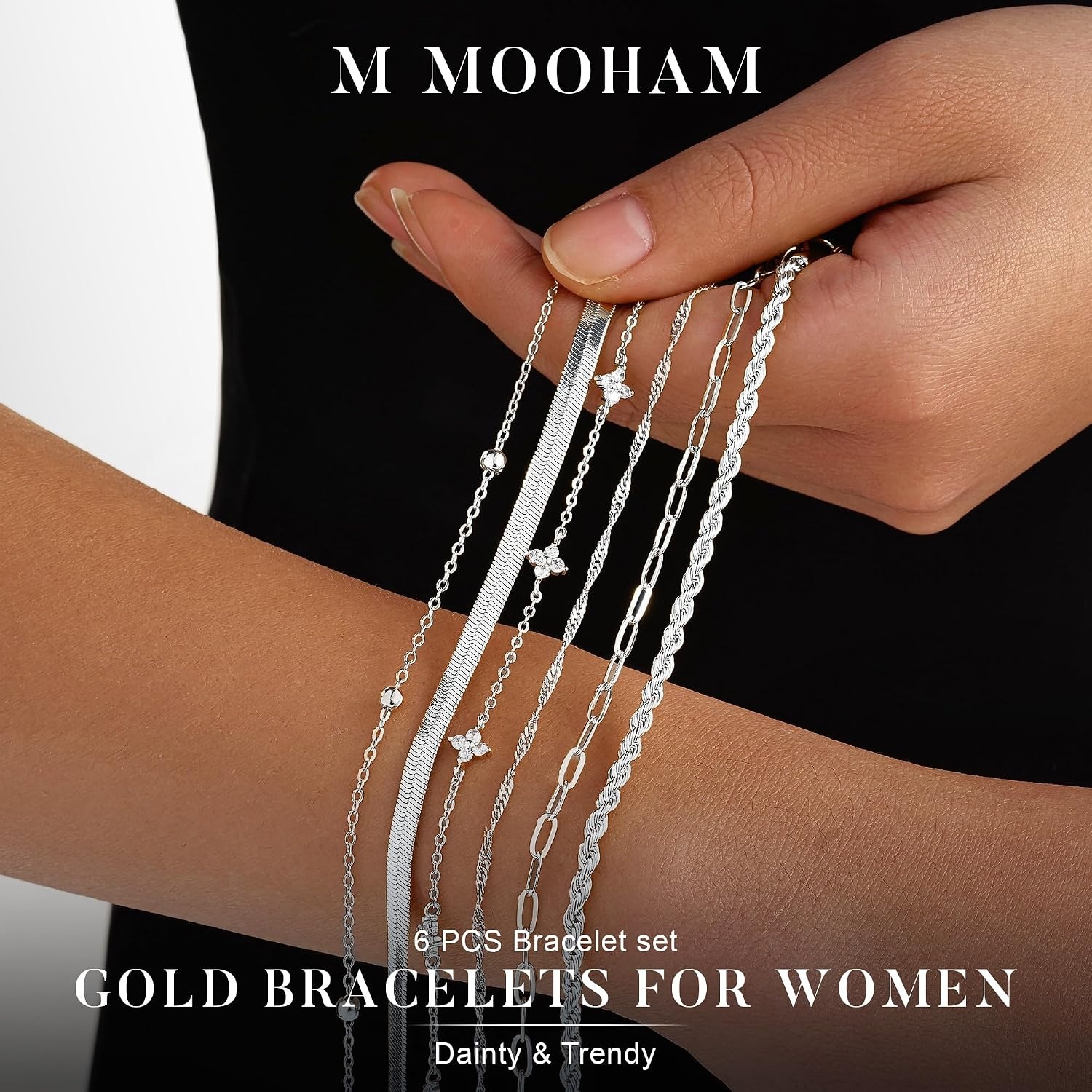 image:imageM MOOHAM Gold Bracelets Set for Women No Tarnish 14K Gold Plated Dainty Stackable Bracelets Stack for Women Herringbone Paperclip Rope Cuban Chain Bracelet Set Stack2Rope CZ Snake SetS