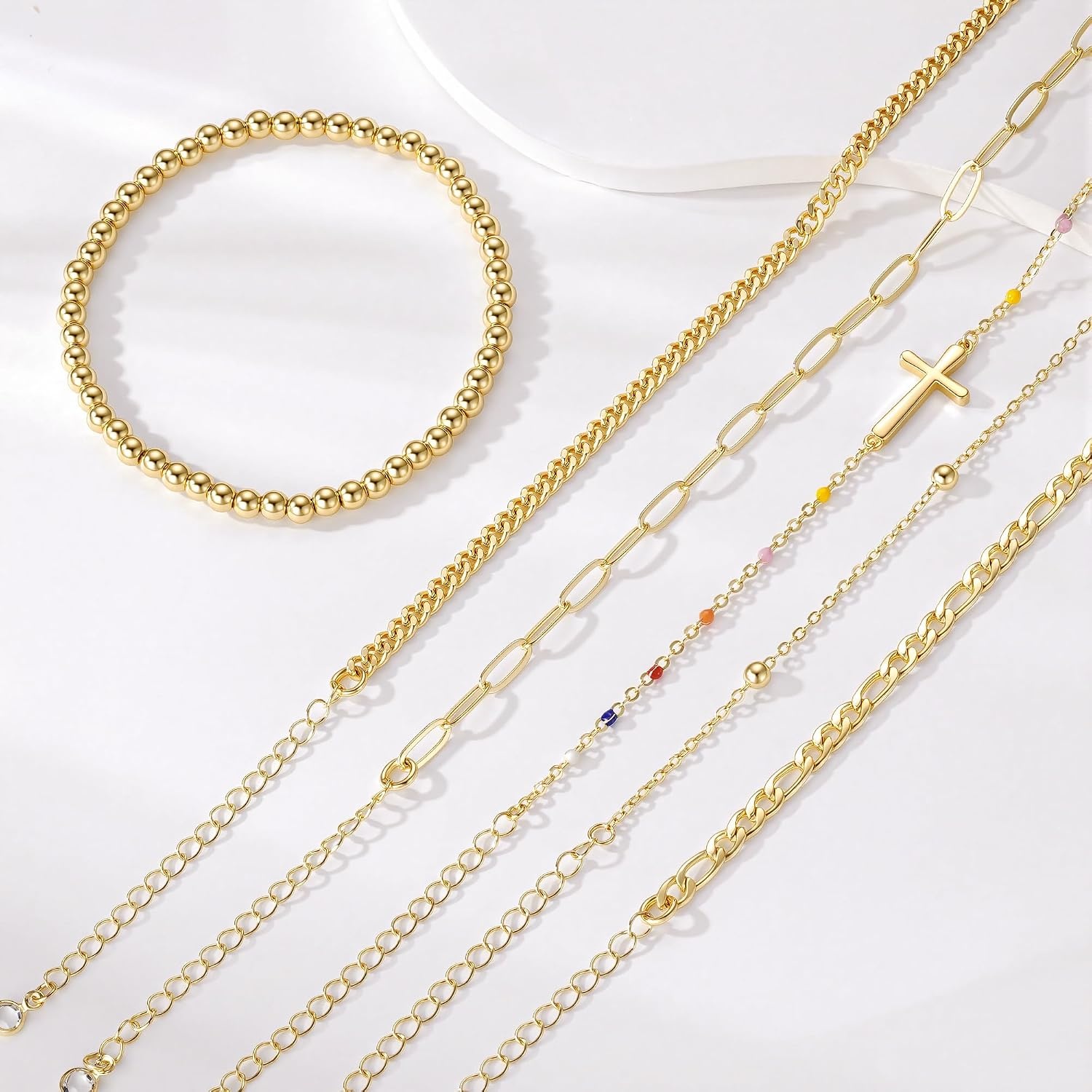 image:imageM MOOHAM Gold Bracelets Set for Women No Tarnish 14K Gold Plated Dainty Stackable Bracelets Stack for Women Herringbone Paperclip Rope Cuban Chain Bracelet Set Stack5Cross Beaded Set