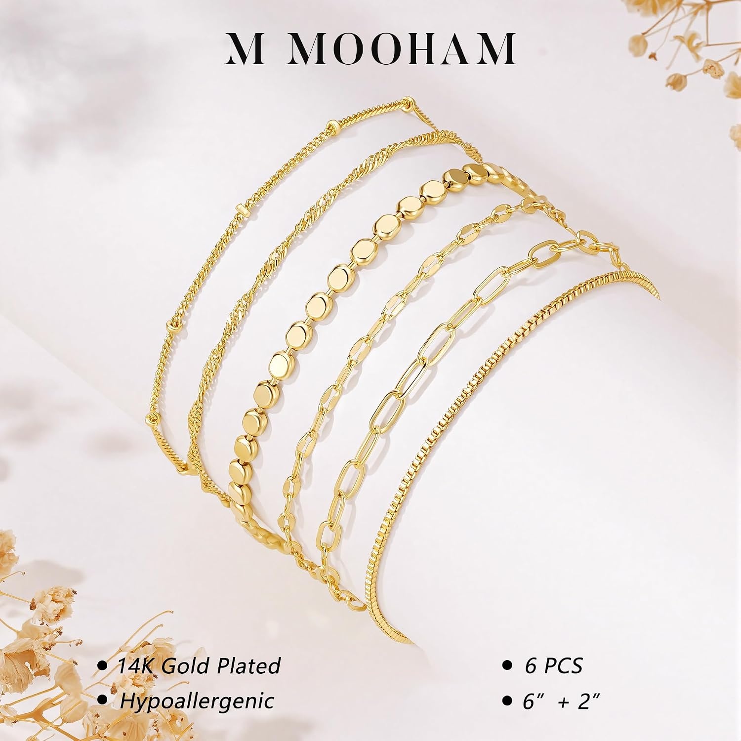 image:imageM MOOHAM Gold Bracelets Set for Women No Tarnish 14K Gold Plated Dainty Stackable Bracelets Stack for Women Herringbone Paperclip Rope Cuban Chain Bracelet Set Stack6Singapore Dot Set