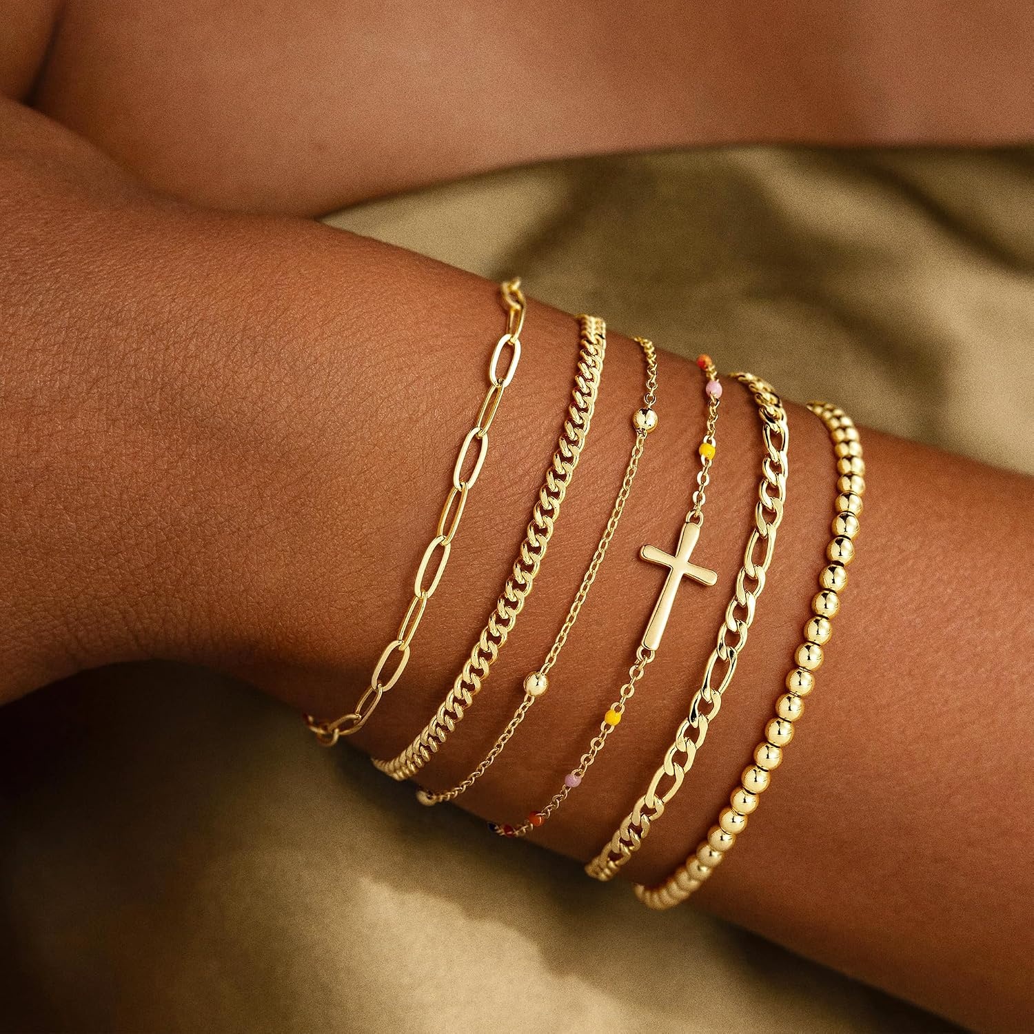 image:imageM MOOHAM Gold Bracelets Set for Women No Tarnish 14K Gold Plated Dainty Stackable Bracelets Stack for Women Herringbone Paperclip Rope Cuban Chain Bracelet Set Stack5Cross Beaded Set