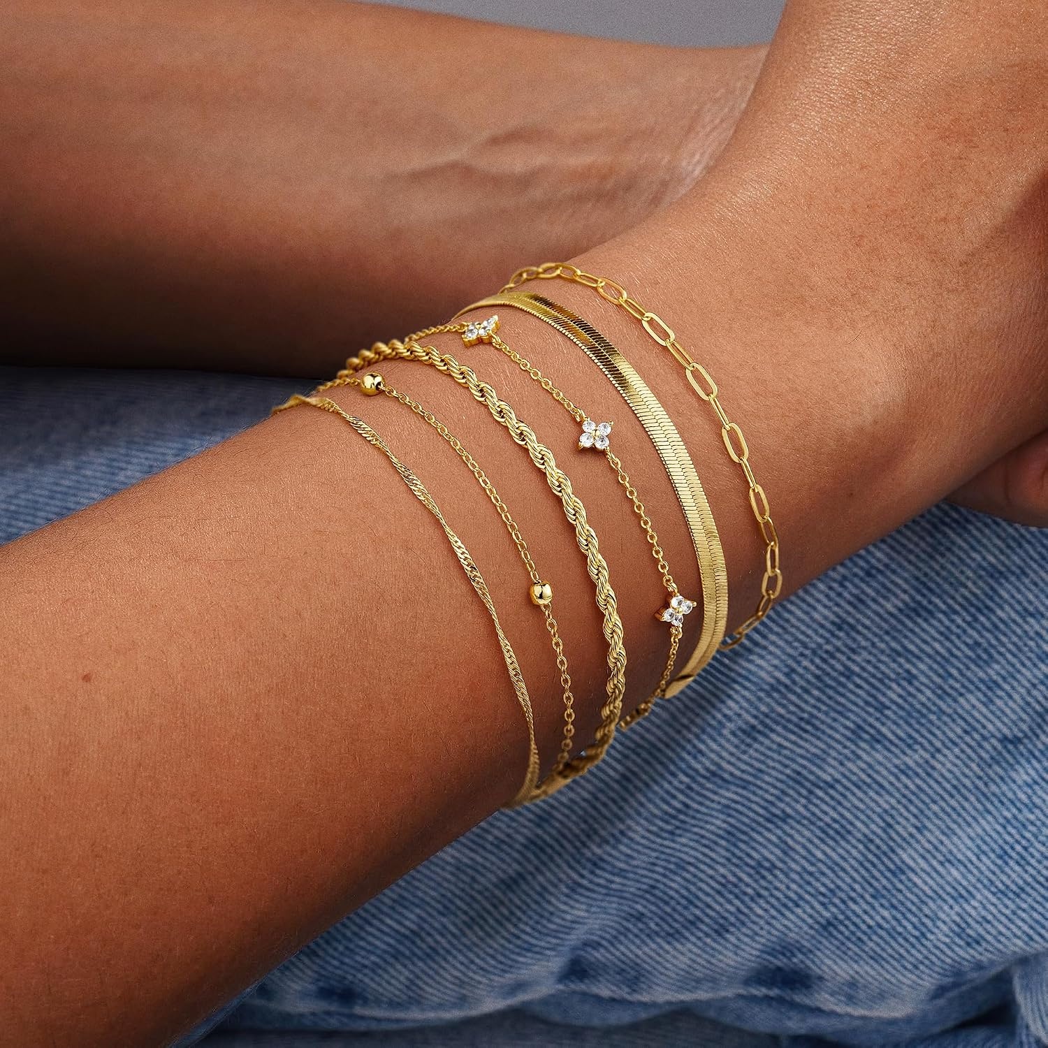 image:imageM MOOHAM Gold Bracelets Set for Women No Tarnish 14K Gold Plated Dainty Stackable Bracelets Stack for Women Herringbone Paperclip Rope Cuban Chain Bracelet Set Stack1Rope CZ Snake SetG