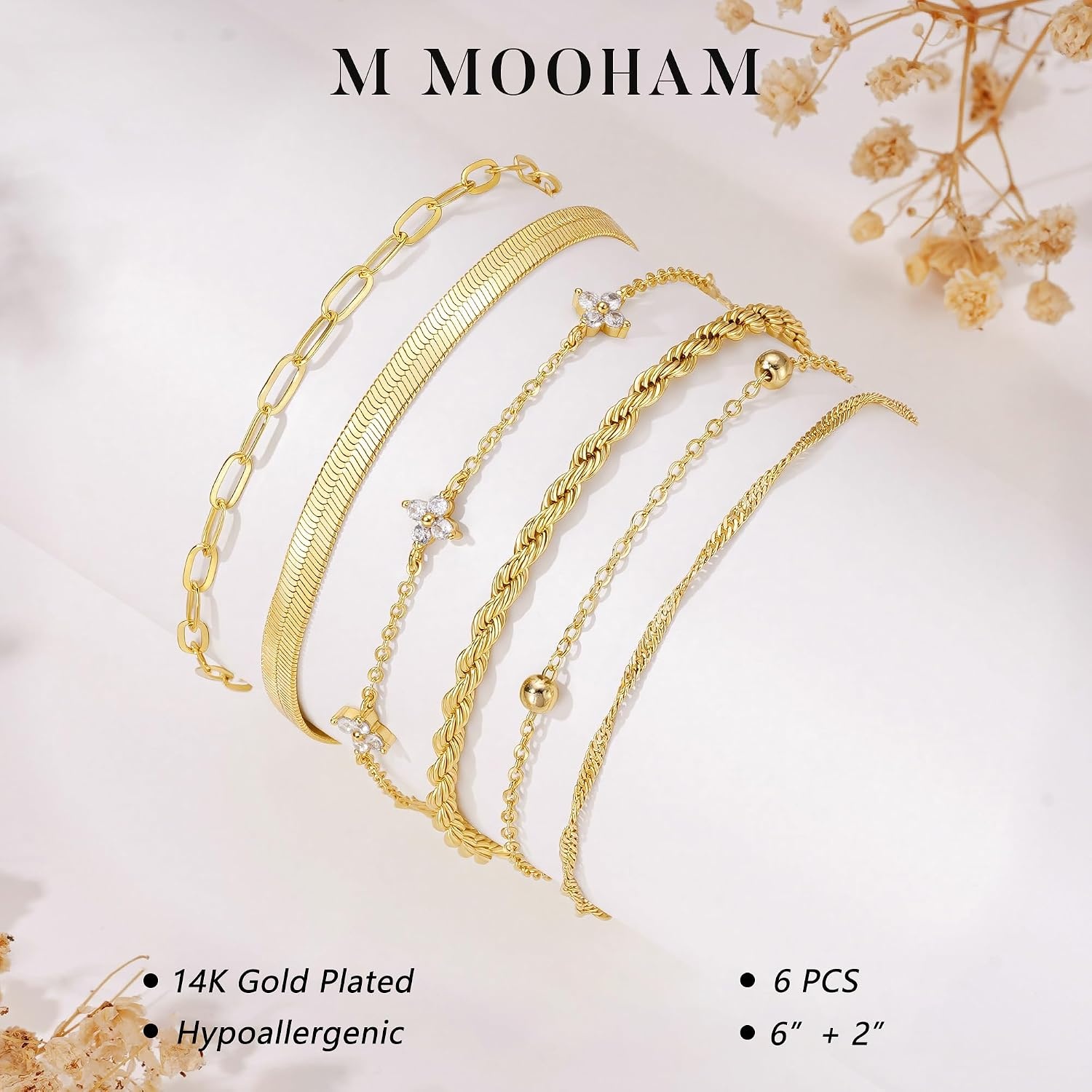 image:imageM MOOHAM Gold Bracelets Set for Women No Tarnish 14K Gold Plated Dainty Stackable Bracelets Stack for Women Herringbone Paperclip Rope Cuban Chain Bracelet Set Stack1Rope CZ Snake SetG