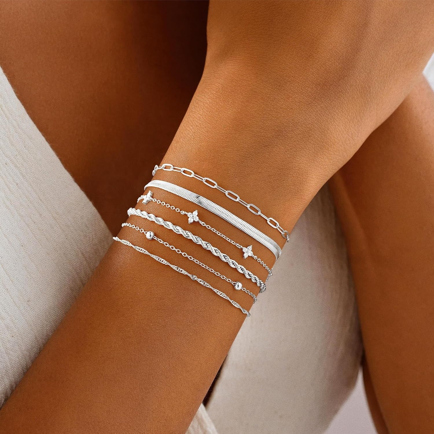 image:imageM MOOHAM Gold Bracelets Set for Women No Tarnish 14K Gold Plated Dainty Stackable Bracelets Stack for Women Herringbone Paperclip Rope Cuban Chain Bracelet Set Stack2Rope CZ Snake SetS