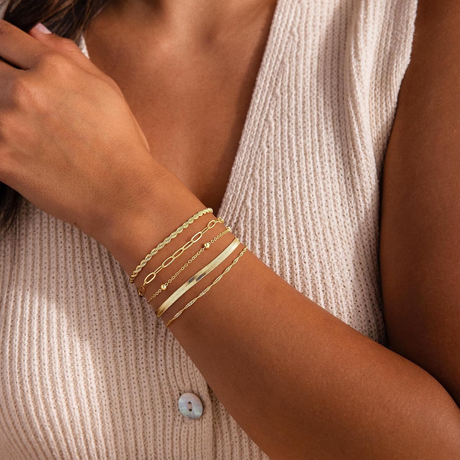 image:imageM MOOHAM Gold Bracelets Set for Women No Tarnish 14K Gold Plated Dainty Stackable Bracelets Stack for Women Herringbone Paperclip Rope Cuban Chain Bracelet Set Stack8Rope Snake Paperclip Set 2