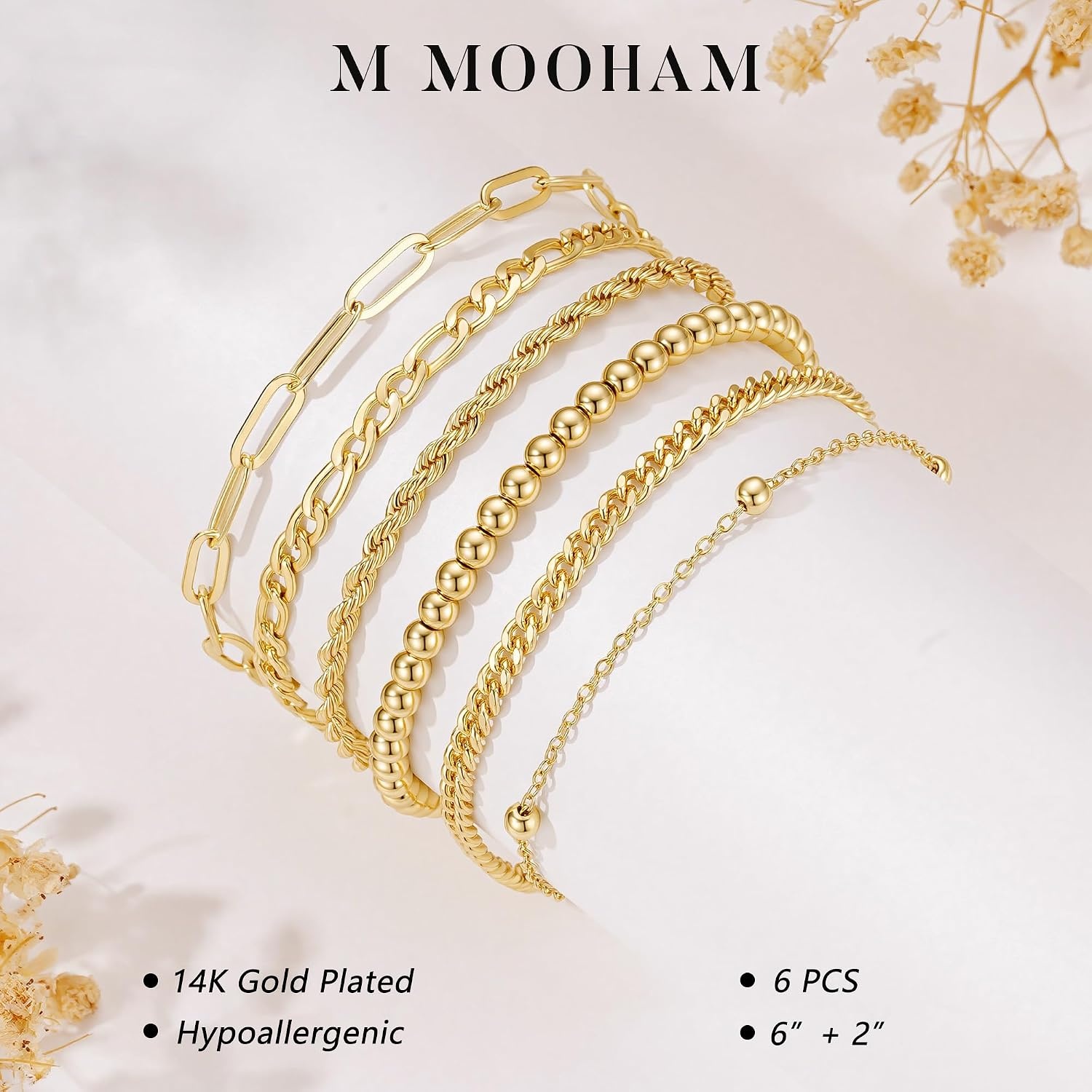 image:imageM MOOHAM Gold Bracelets Set for Women No Tarnish 14K Gold Plated Dainty Stackable Bracelets Stack for Women Herringbone Paperclip Rope Cuban Chain Bracelet Set Stack4Rope Beaded Set