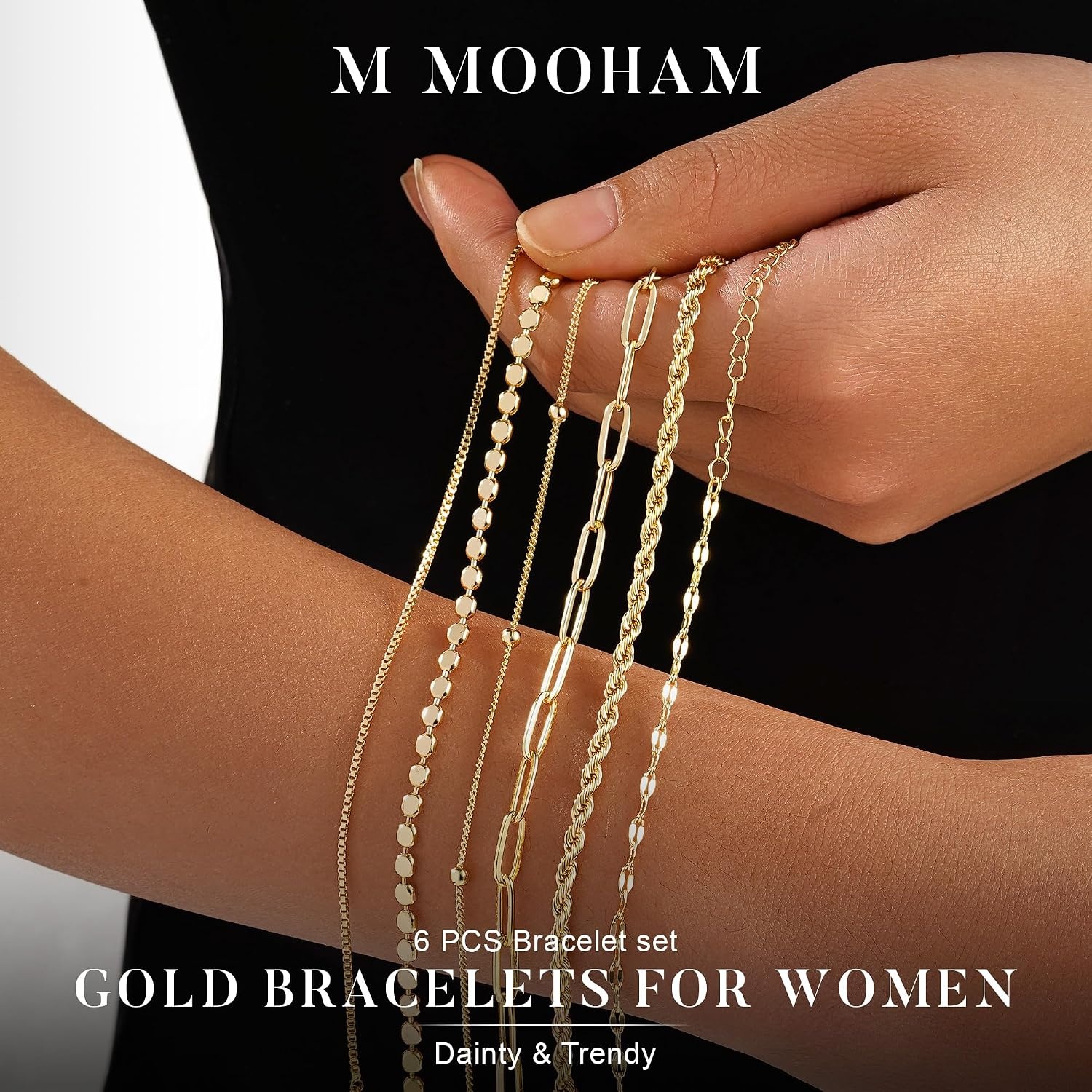 image:imageM MOOHAM Gold Bracelets Set for Women No Tarnish 14K Gold Plated Dainty Stackable Bracelets Stack for Women Herringbone Paperclip Rope Cuban Chain Bracelet Set Stack7Rope Paperclip Set
