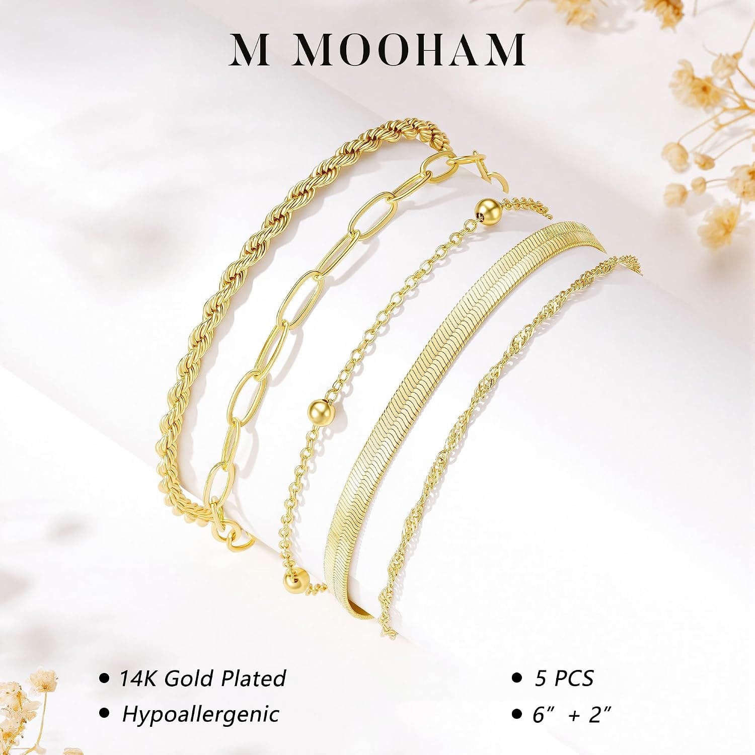 image:imageM MOOHAM Gold Bracelets Set for Women No Tarnish 14K Gold Plated Dainty Stackable Bracelets Stack for Women Herringbone Paperclip Rope Cuban Chain Bracelet Set Stack8Rope Snake Paperclip Set 2