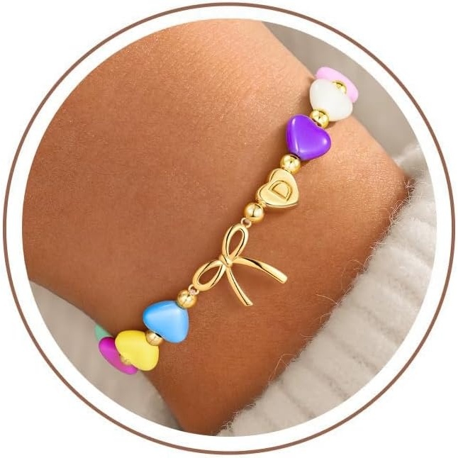 image:imageM MOOHAM Colorful Bow Initial Bracelets for Girls Gifts for Girls Kids Cute Colorful Heart Initial Bracelet Girls Jewelry Bow Bracelet for Girls Toddler Bracelets Birthday Gifts for Kids GirlD