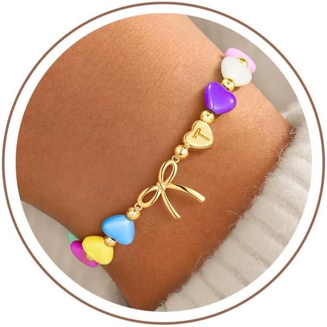 image:imageM MOOHAM Colorful Bow Initial Bracelets for Girls Gifts for Girls Kids Cute Colorful Heart Initial Bracelet Girls Jewelry Bow Bracelet for Girls Toddler Bracelets Birthday Gifts for Kids GirlT