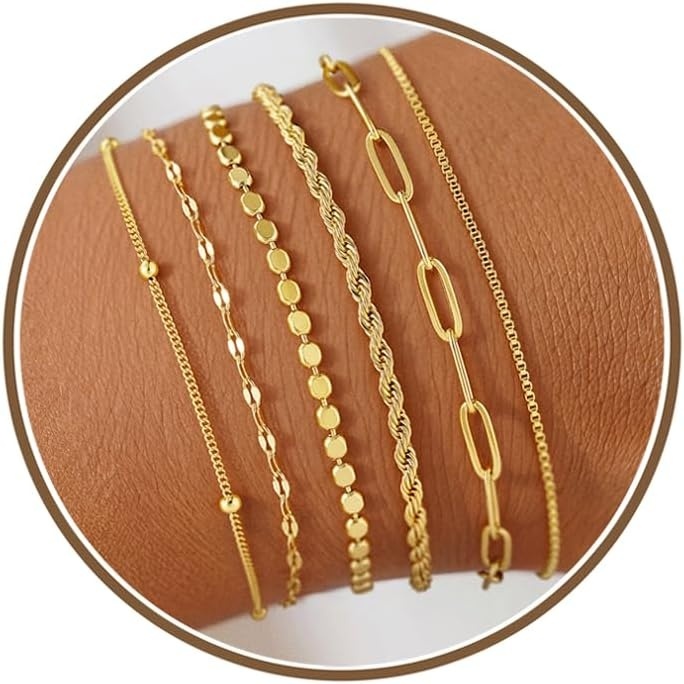 image:imageM MOOHAM Gold Bracelets Set for Women No Tarnish 14K Gold Plated Dainty Stackable Bracelets Stack for Women Herringbone Paperclip Rope Cuban Chain Bracelet Set Stack7Rope Paperclip Set