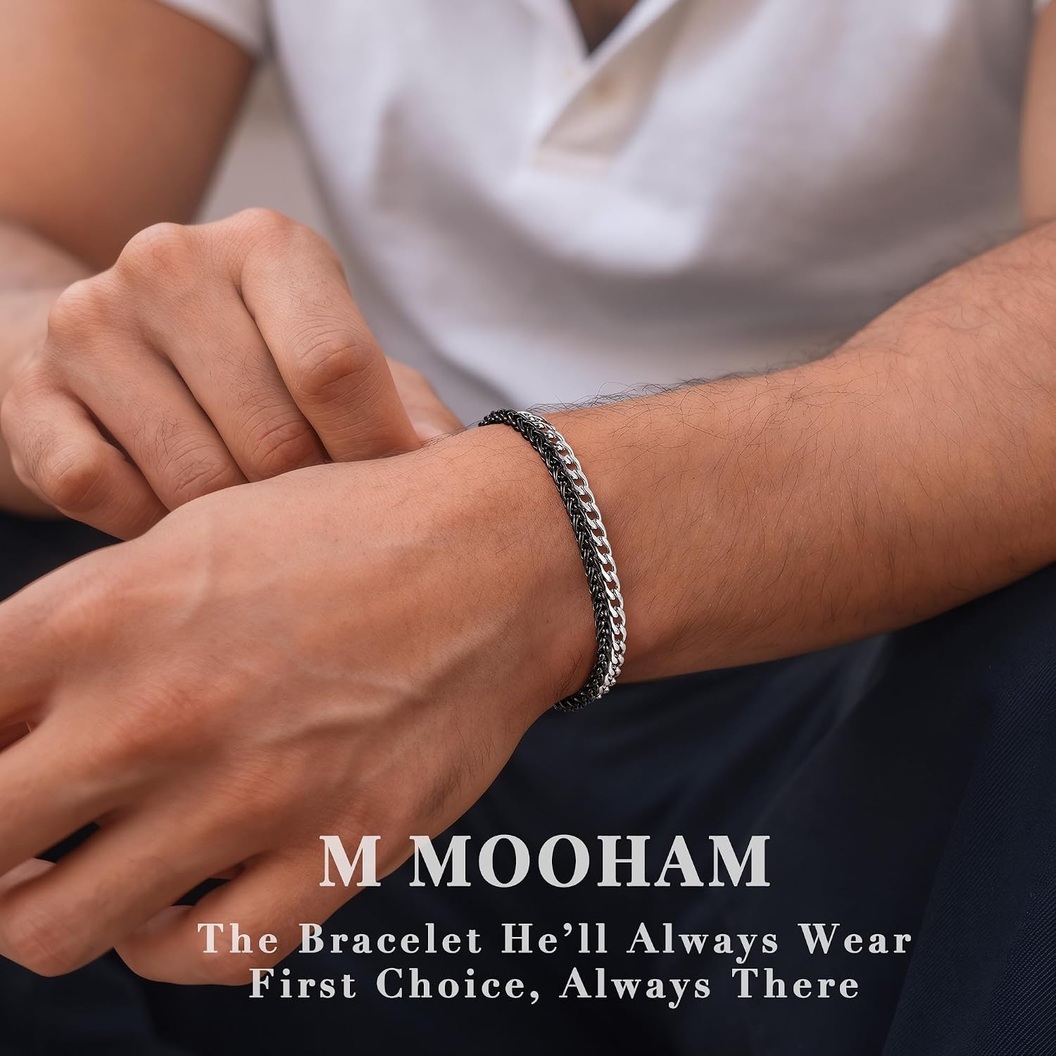image:imageM MOOHAM Mens Bracelet BlackSilverPlated Chain Bracelets for Men Stainless Steel Wheat Rope Figaro Cuban Link Chain Bracelet Jewelry Gifts for Men 7385 InchBlack Wheat ChainSilverPlated Cuban Link Chain