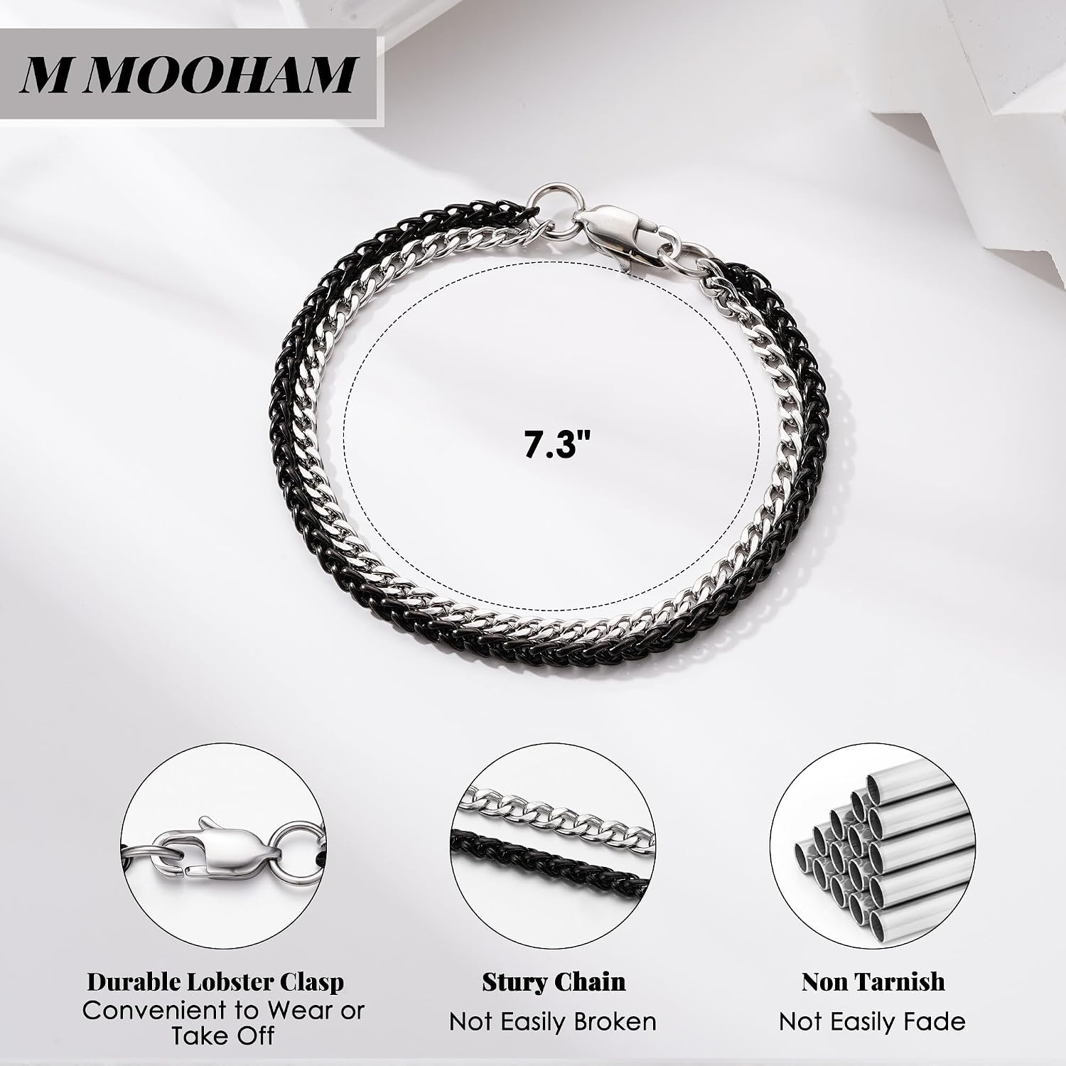 image:imageM MOOHAM Mens Bracelet BlackSilverPlated Chain Bracelets for Men Stainless Steel Wheat Rope Figaro Cuban Link Chain Bracelet Jewelry Gifts for Men 7385 InchBlack Wheat ChainSilverPlated Cuban Link Chain