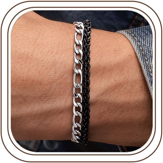 image:imageM MOOHAM Mens Bracelet BlackSilverPlated Chain Bracelets for Men Stainless Steel Wheat Rope Figaro Cuban Link Chain Bracelet Jewelry Gifts for Men 7385 InchBlack Wheat ChainSilverPlated Figaro Chain